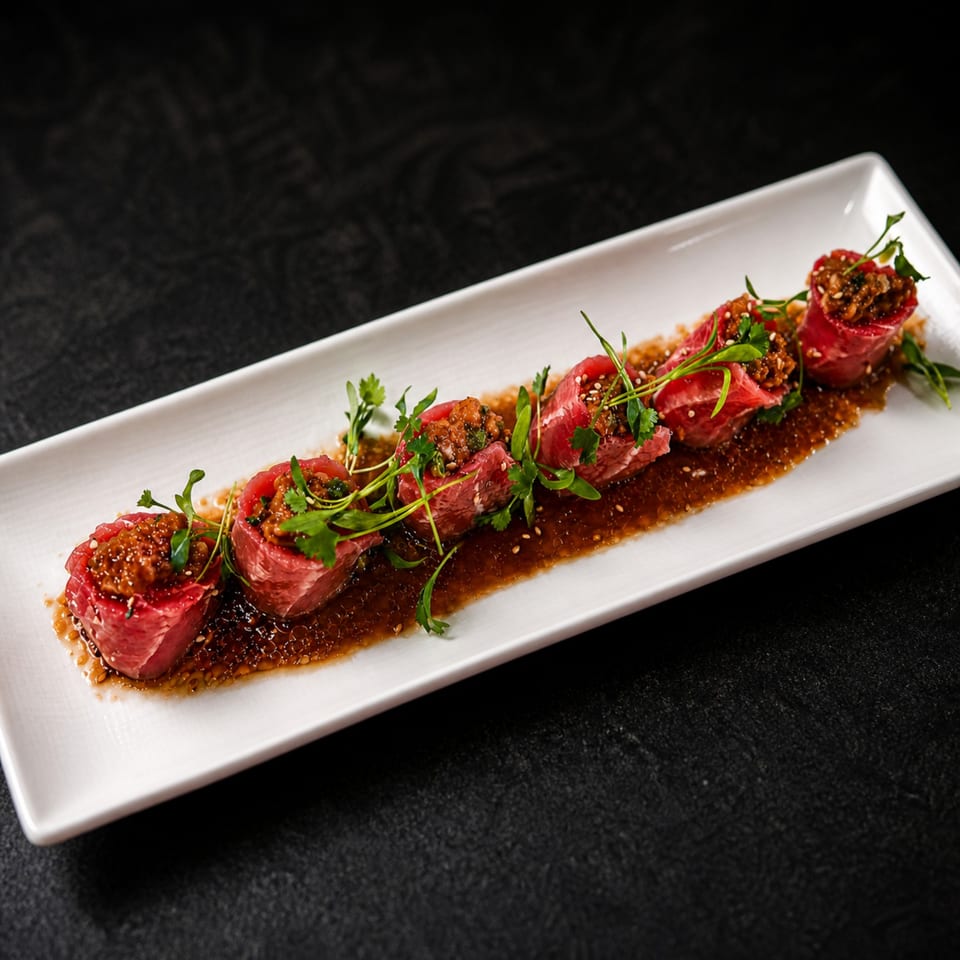 Six beef rolls filled with a savory mixture, drizzled with sauce and garnished with herbs on a white plate.