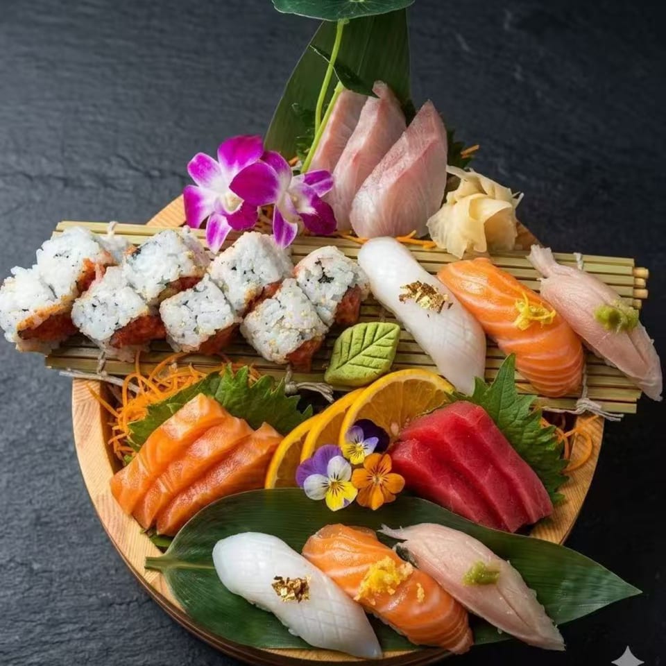 Assorted sushi and sashimi platter with tuna, salmon, and white fish, garnished with orchids and orange slices.