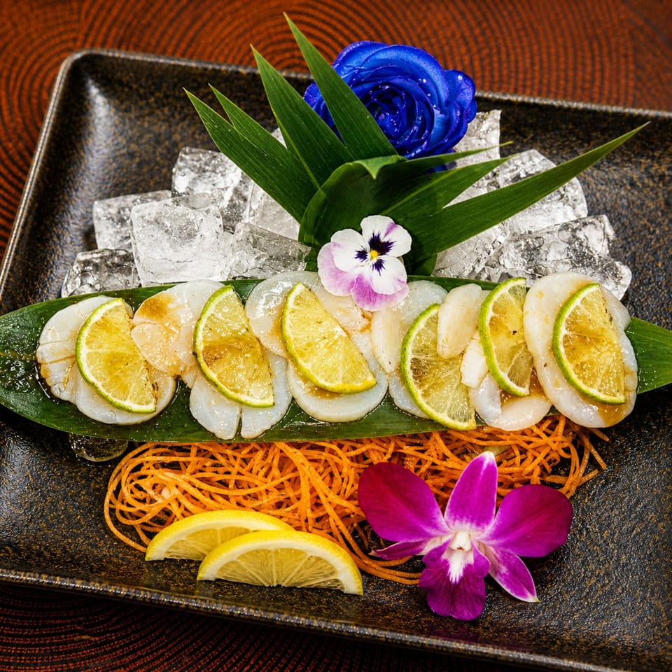 Scallop sashimi with lime slices, ice, shredded carrots, and floral garnishes on a dark plate.