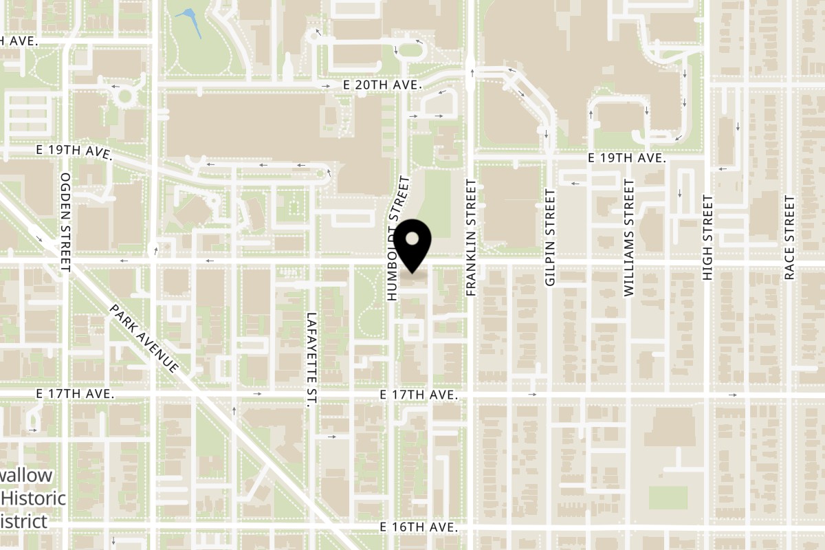 Map showing the location of Kenji Sushi on 1422 E 18th Ave in Denver